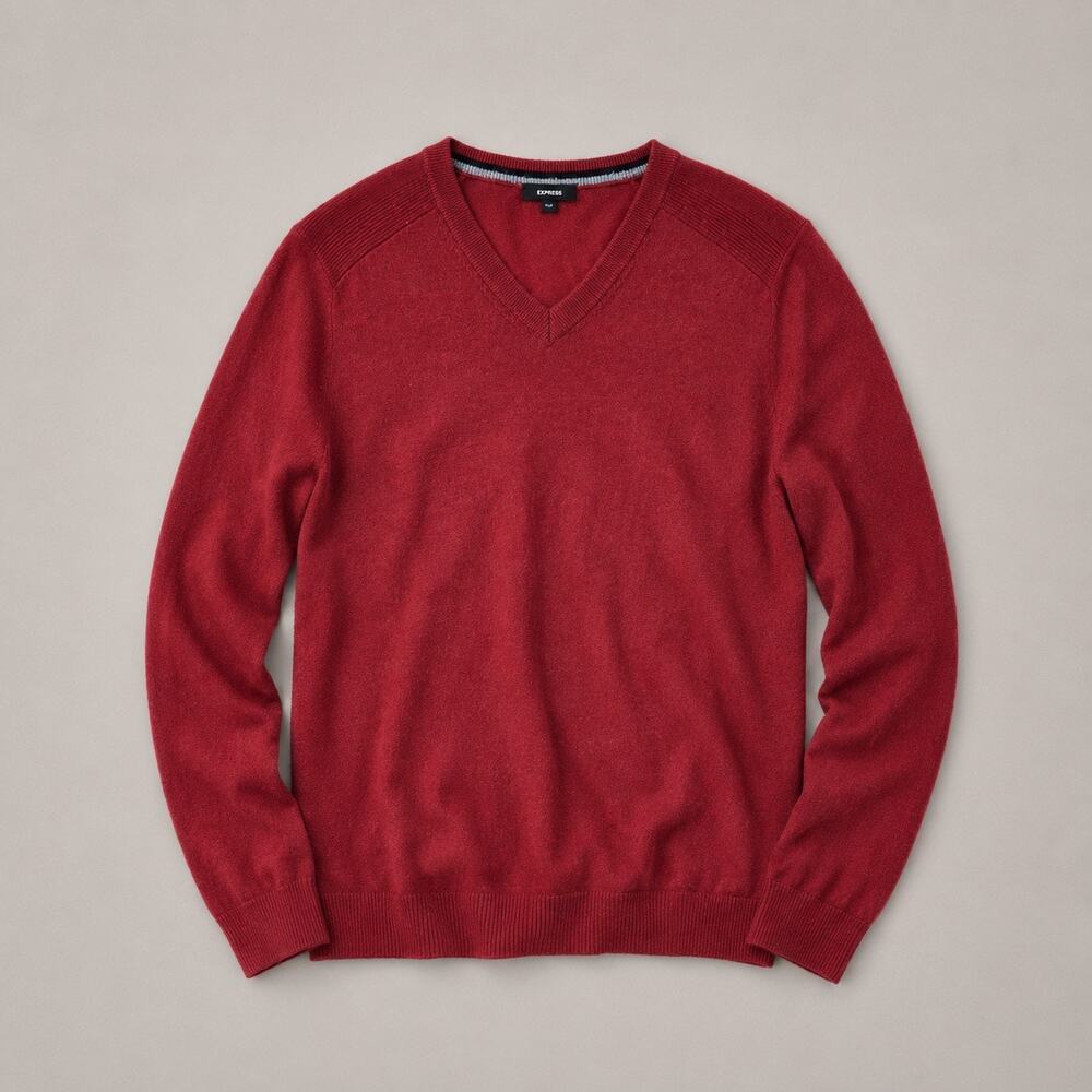 Express Men's Merino Wool V-Neck Sweater Maroon Burgundy L